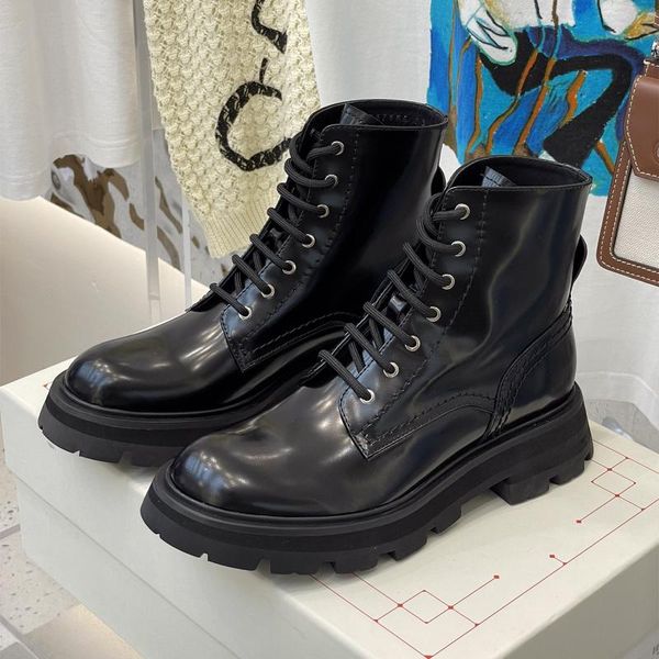 

boots autumn women platform black round toe lace up ankle ladies genuine leather motorcycle designer shoes botas de mujer
