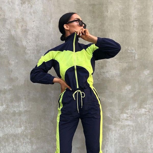 

women's jumpsuits & rompers neon green patchwork fitness full sleeve zipper turtleneck jumpsuit female casual sport, Black;white