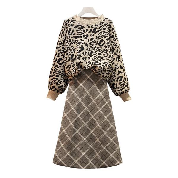 

two piece dress large plus size kintted sweater suit women loose pullover+kintted skirt set female autumn winter warm matching, White