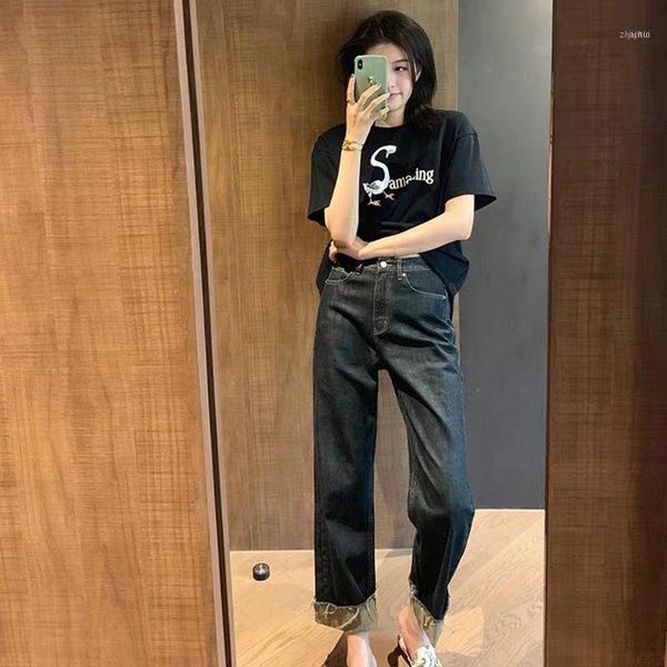 

distressed cuffs jeans high waisted spring summer straight capri female loose wide leg pants thin plus size1, Blue