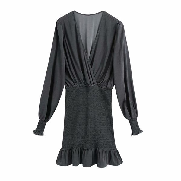 

women summer pencil mini dress solid v-neck long sleeve elasticity ruffles female elegant vintage dresses clothes vestidos 210513, Black;gray
