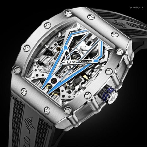 

skeleton mechanical automatic watch men's sapphire luminous luxury men business sport silicone chronograph wristwatches, Slivery;brown