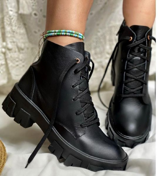 

boots 2021 women ankle winter round toe thick bottom lace up platform fashion shoes woman short botas de mujer, Black