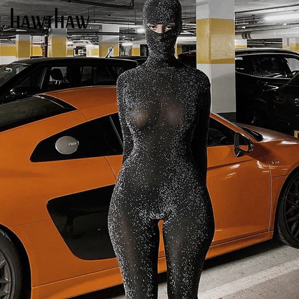 

hawthaw women autumn winter long sleeve backless bodycon soild color black jumpsuit romper playsuit 2021 fall clothes streetwear, Black;white