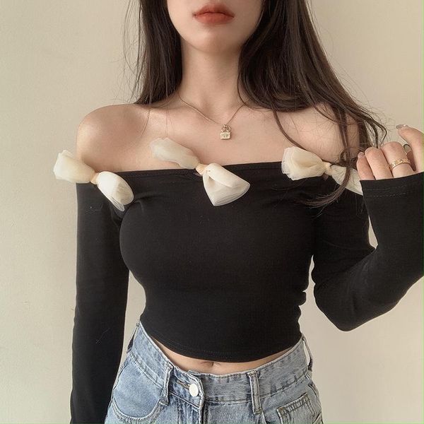 

tshirt french bow slash neck strapless short tight long sleeve women's spring summer tees 2021 black 6k74 t-shirt, White