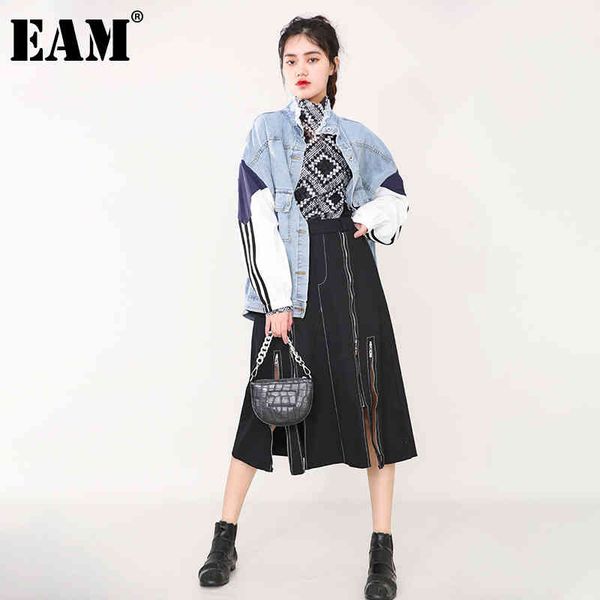 

[eam] loose fit blue big size spliced denim jacket stand collar long sleeve women coat fashion spring autumn 1dd437505 21512, Black;brown