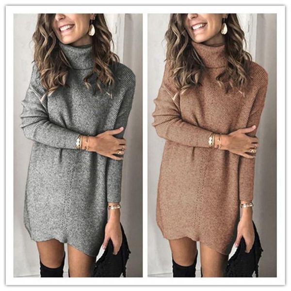 

casual dresses turtleneck long sleeve sweater dress women autumn winter loose tunic knit pullovers knitted, Black;gray