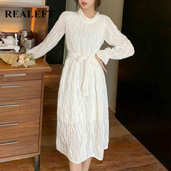 

long sleeve thicken women dress vintage fashion solid color natural waist slim folds midi dresses female 210428, Black;gray