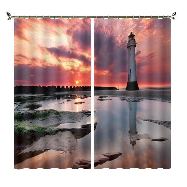 

curtain & drapes lighthouse red sunset coast scenery po personality customization living room bedroom black silk material theme