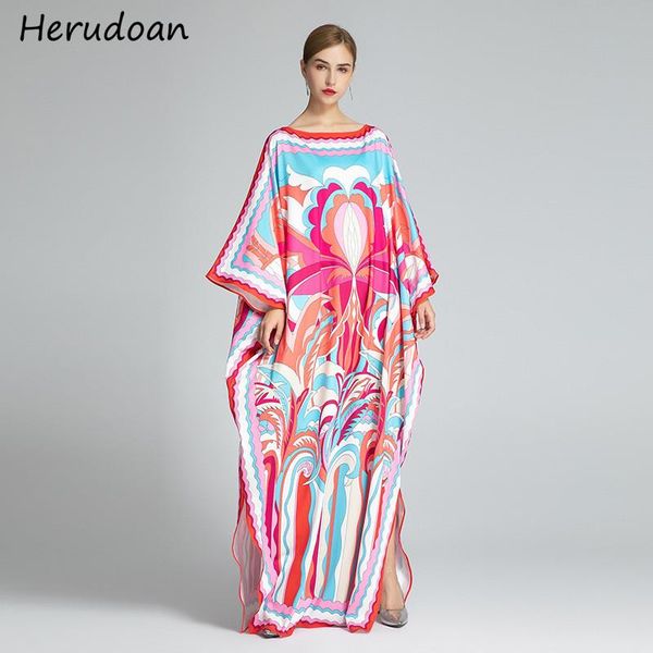 

herudoan autumn vintage holidays long loose dress women fashion designer o-neck batwing sleeve printing ladies maxi casual dresses, Black;gray