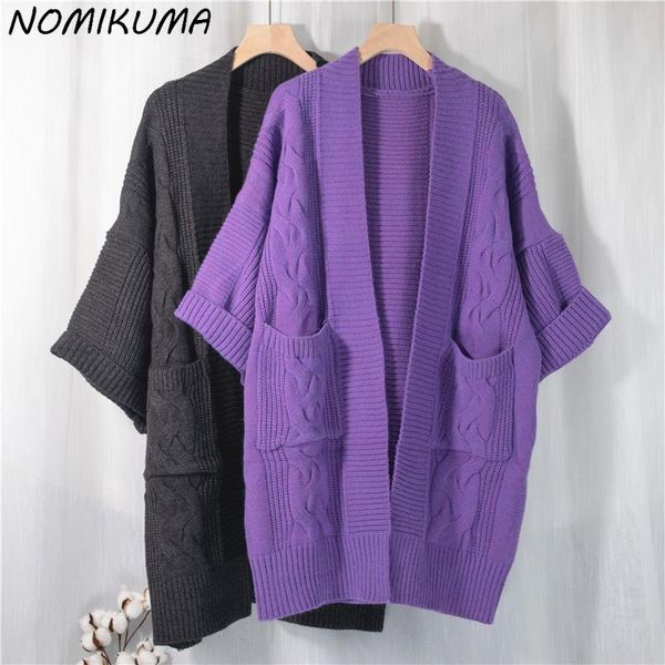 

women's knits & tees nomikuma oversized medium-long cardigan causal pockets thicken sweater coat 2021 autumn winter women knitted open, White