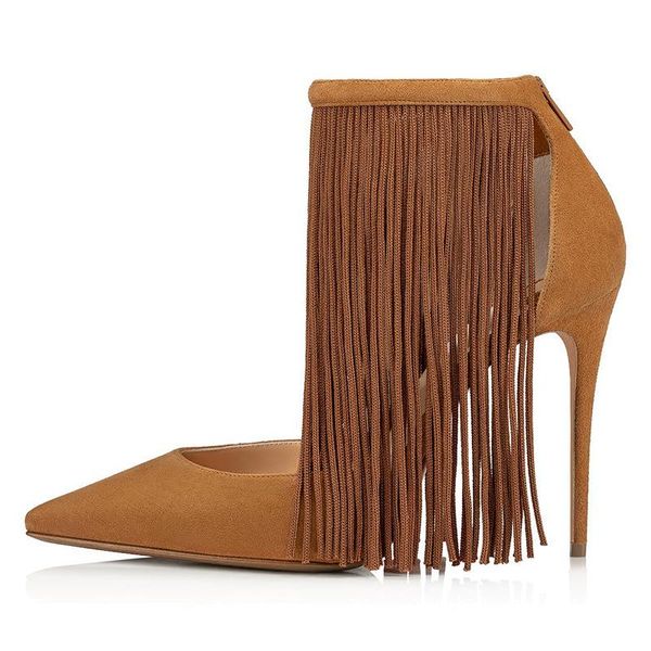 

sandals summer style pointed toe stiletto fashion single shoes tassel banquet dress large size wild daily prom suede women's, Black
