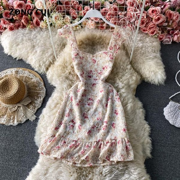 

casual dresses vintage print slim chiffon spaghetti strap dress summer women's hook flower hollow ruffles mini holiday tank 2021, Black;gray