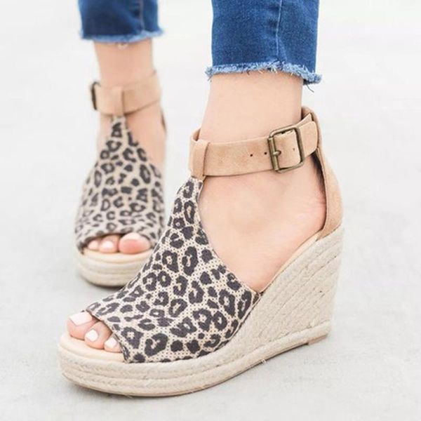 

dress shoes women sandals retro summer 2021 leopard print wedge fashion casual peep toe buckle beach ladies sandalias, Black