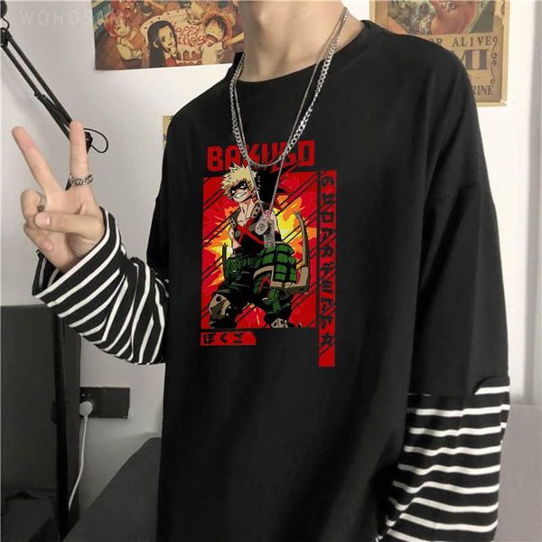 

men's t-shirts fashion japanese anime my hero academia t-shirt men 2021 manga bakugou katsuki print long sleeve striped t shirts, White;black
