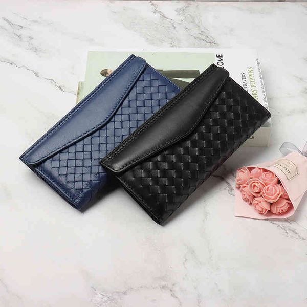 

2021 women's wallet long leather tide card bag sheepskin woven, Red;black