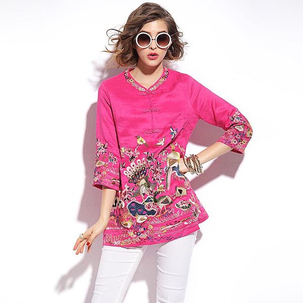 

women's blouses & shirts women 2021 fashion casual embroidery print blouse vintage loose shirt summer plus size clothes female, White