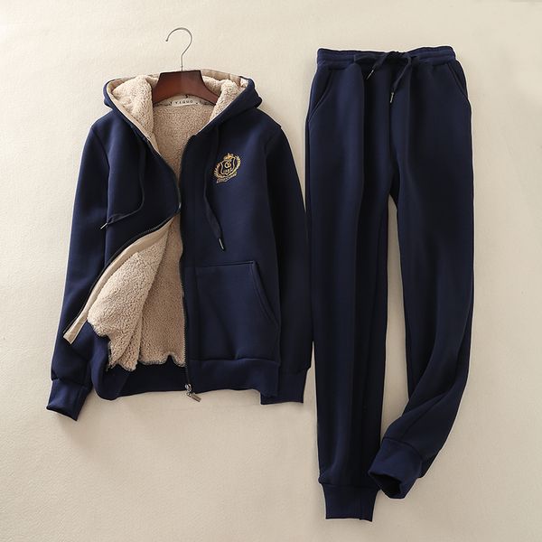 

two piece set winter women cashmere sweatshirt sets loose plus size 4xl hooded warm jackets and sweatpants casual tracksuit, White