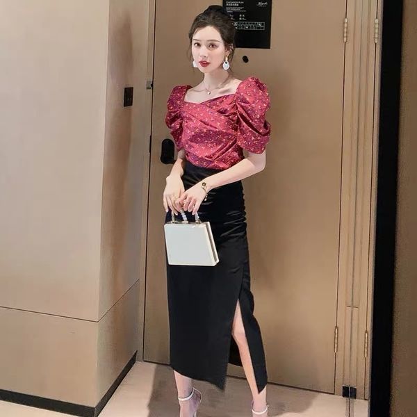 

skirt arrival fashion female ensemble pieces summer elegant manga printing thin temperament two sets top parts, Black