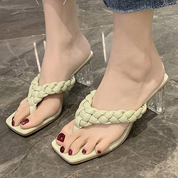 

summer ladies slides fashion high heels slippers leather weave women square toe shoes casual flip flop women's female, Black