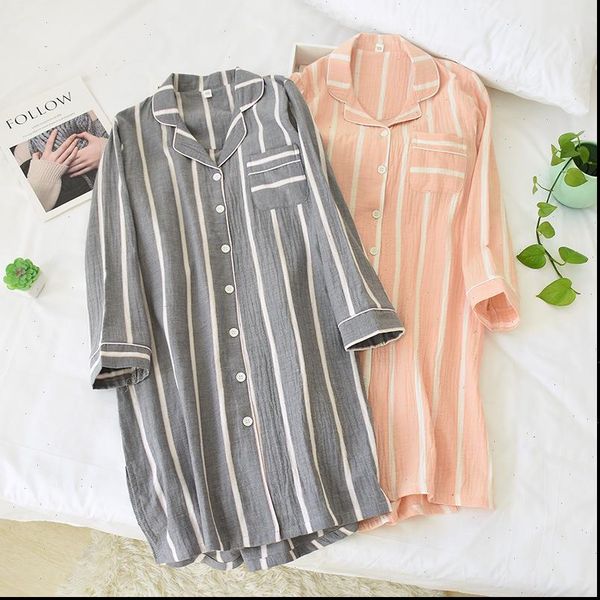 

spring and summer long womens sleepwears sleeved nightgowns cotton mid length sleepshirts home stripe knee, Black;red