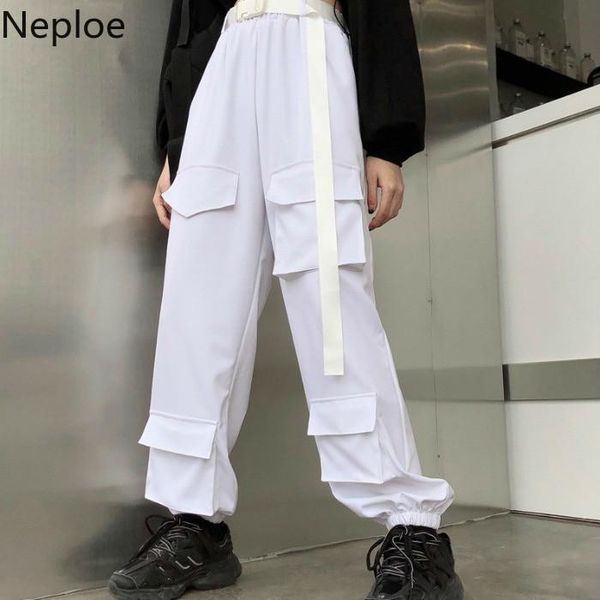 

women's pants & capris neploe spring summer pockets cargo 2021 causal loose women long trousers belt high waist safari style harem 5923, Black;white