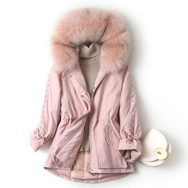 

down large real raccoon fur hooded coat women white duck jackets warm thicken slim female down parka winter jacket, Black