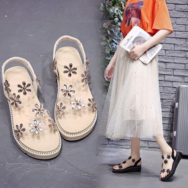 

sandals wedge heel rhinestone female 2021 summer student fairy style thick-soled sponge cake flowers roman women's shoes, Black