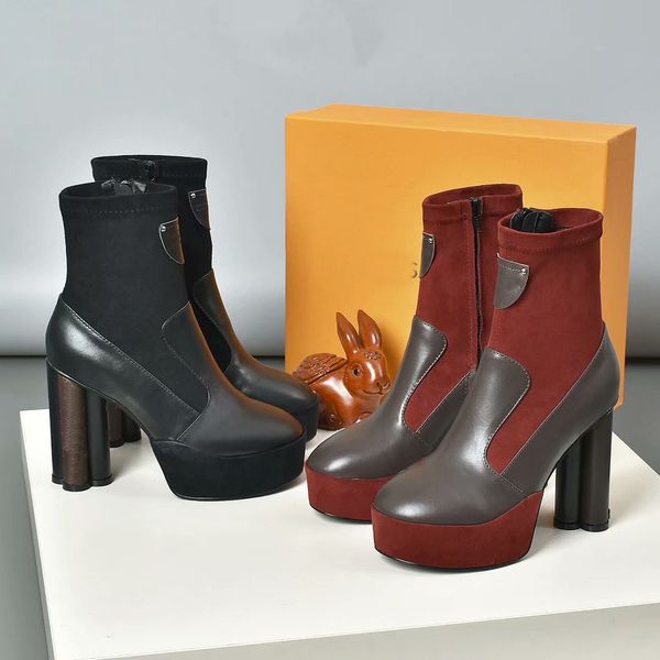 

luxury letter boots women winter sock boot chain leather designer louiings shoes flat mid high heel vutton ffds, Black