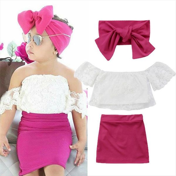

summer fashion kids clothes girls off shoulder lace floral t shirt rose red high waist skirts headband sets, White