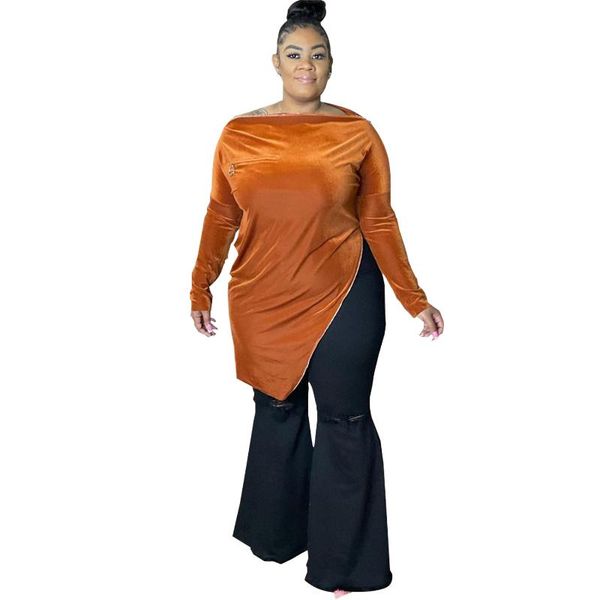 

plus size t-shirt large women square shoulder zipper velvet surface clothing 2021 autumn urban casual soild color, Black