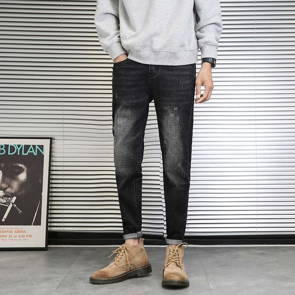 

men's jeans autumn korean simple embroidery slim men versatile wash pants with small feet; xz905-n12, Blue