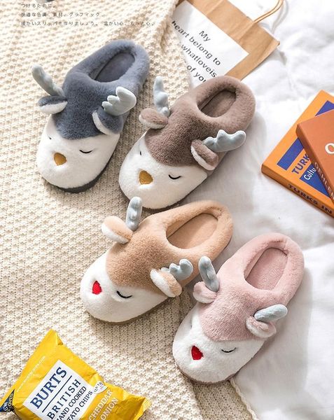 

slippers winter women home cartoon deer elk non-slip soft warm house shoes men ladies girs indoor bedroom couples floor footwear, Black