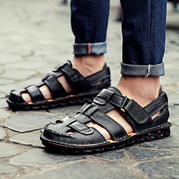 

sandals summer mens flat beach gladiator genuine leather slippers breathable fashion non slip slipper shoes men, Black