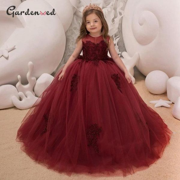 

girl's dresses puffy tulle lace ball gown flower girl princess dress illusion wedding party first communion, Red;yellow