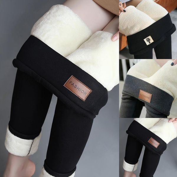 

winter warm stretch pants thick womens leggings plush liner high waist skinny trousers, Black