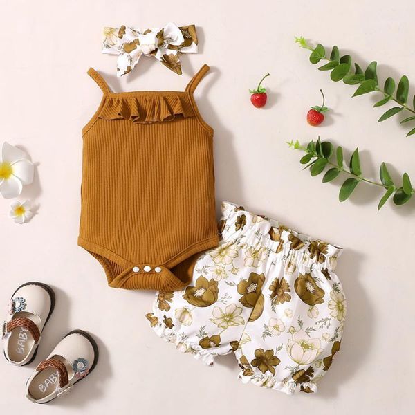 

clothing sets born girsl romper infant baby girl sleeveless rib floral shorts headbands outfits set roupa infantil pra menino, White