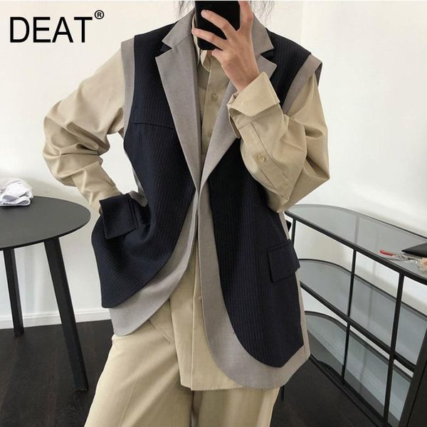 

women's vests [deat] women spliced striped hit color false two pieces loose fit vest v-collar sleeveless fashion spring summer 2021 13s, Black;white
