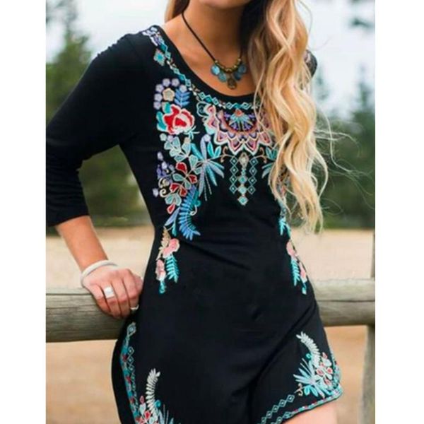 

long sleeve women's dress summer 2021 fashion printed round neck slim split dresses vintage high waist casual a-line women, Black;gray
