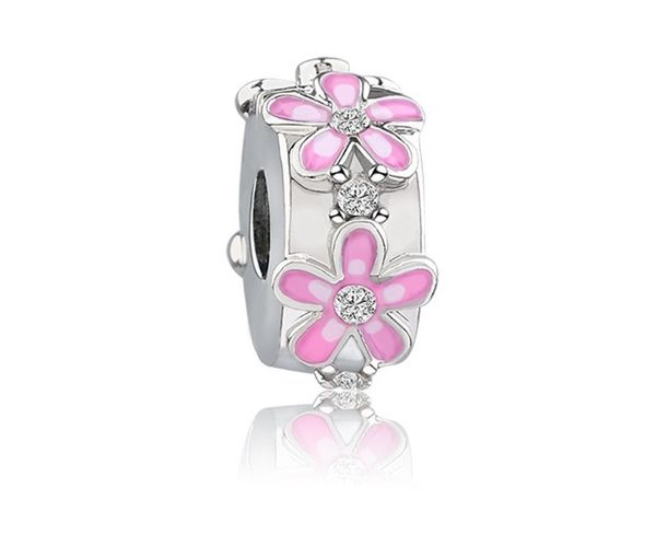 

fit pandora charm bracelet european silver charms beads pink daisy flower enamel diy snake chain for women bangle necklace jewelry, Black