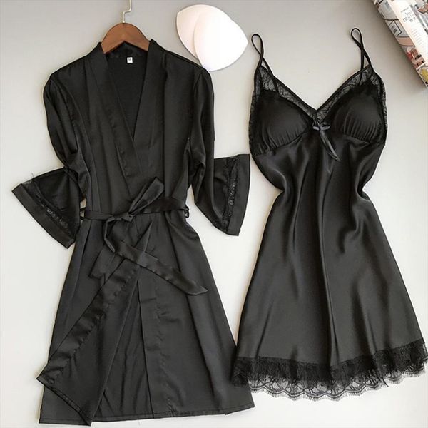 

2pc solid womens sleepwears color pajamas lace nightdress silk dress underwear women sleepshirt pijama mujer, Black;red