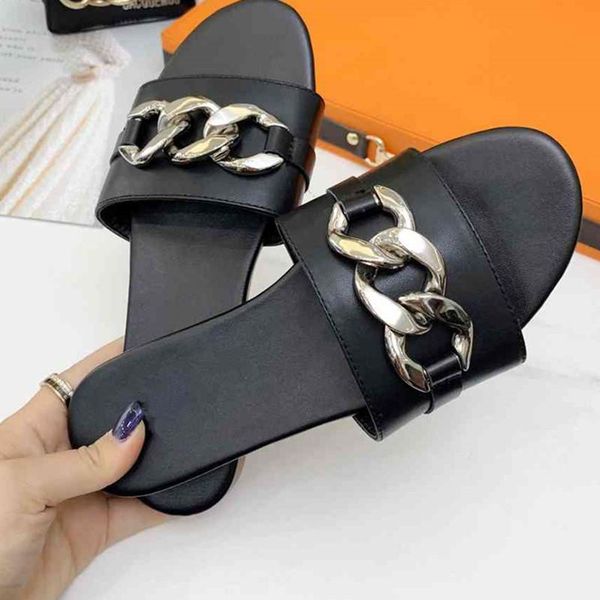 

metal chains decor leather women slippers casual flats summer sandals, Black