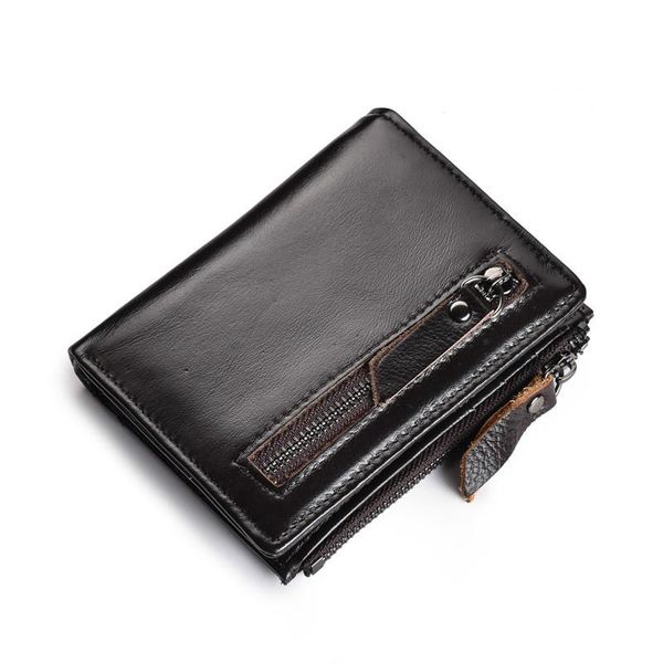 

wallets mens retro wallet zipper anti magnetic head layer cowhide oil wax leather purse, Red;black