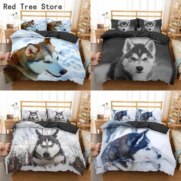 

huskie dog bedding set cute animal print duvet cover  king size 2/3pcs polyester comforter covers home textile quilt sets
