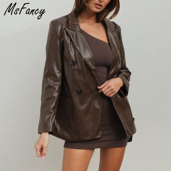 

women's leather & faux msfancy brown jacket women 2021 vintage double breasted chaquetas de mujer elegant blazer ladies coats streetwea, Black