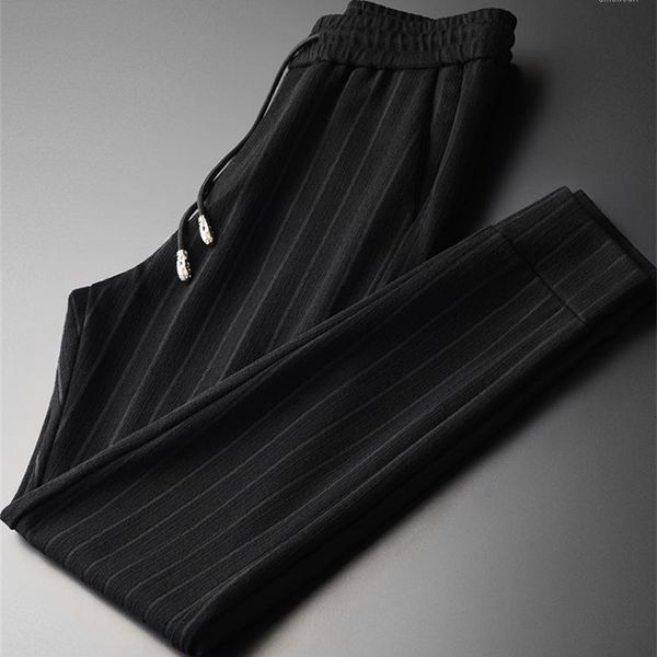 

men's minglu wool man plus size 4xl luxury yarn-dyed vertical stripes spring slim men casual pants elastic waist mens trousers1 0r8a, Black
