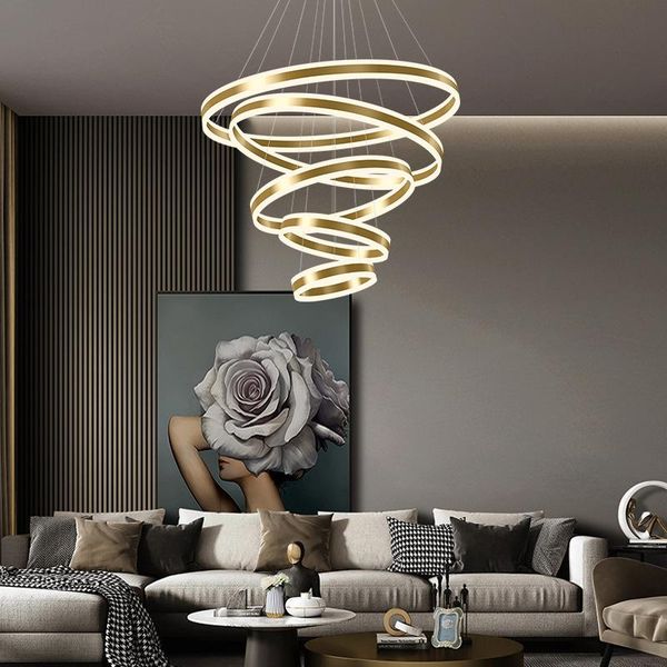 

living room chandelier modern simple light luxury all copper lamp creative project duplex staircase net red circle dining pendant lamps