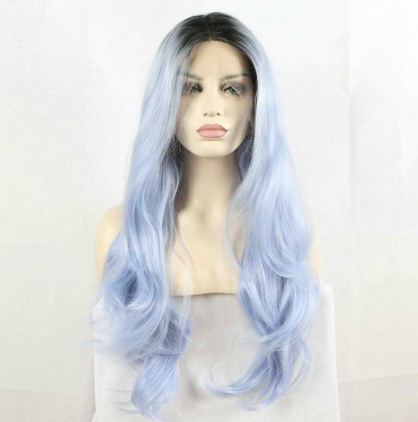 

beauty dark root ombre pastel heat ristant fiber hair long nature wave light blue synthetic lace front wigs, Black