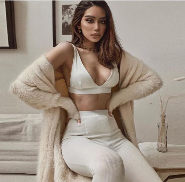 

2pcs/set women's tracksuits sleeveless strap bra bustiers tank vest crop high waist pants trousers summer, Gray