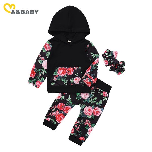 

0-2y autumn toddler born baby girls flower clothes set letter hooded long sleeve t shirt rose pants outfits 210515, White